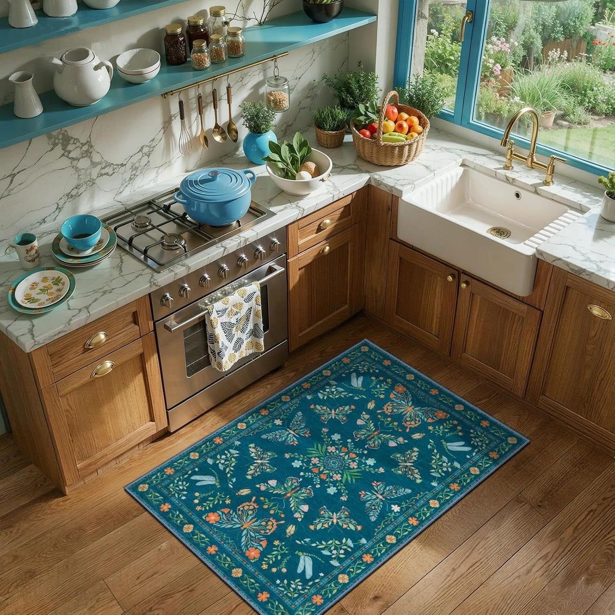 2x3 Green Floral Butterfly Boho Washable Small Rug - Non-Slip Entryway Mat