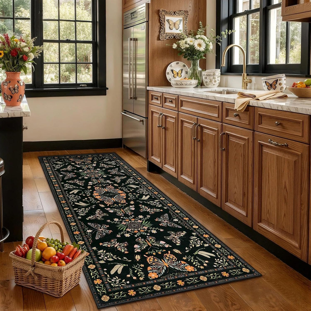 2x6 Black Floral Butterfly Boho Washable Runner Rug - Non-Slip Hallway Carpet