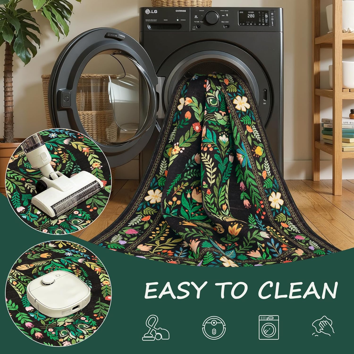 SERISSA Boho Floral & Cat Print Washable Area Rug, Non-Slip Soft Low-Pile Vintage Carpet for Living Room, Dining Room, Bedroom & Kids Playroom – Sophisticated Black Decor