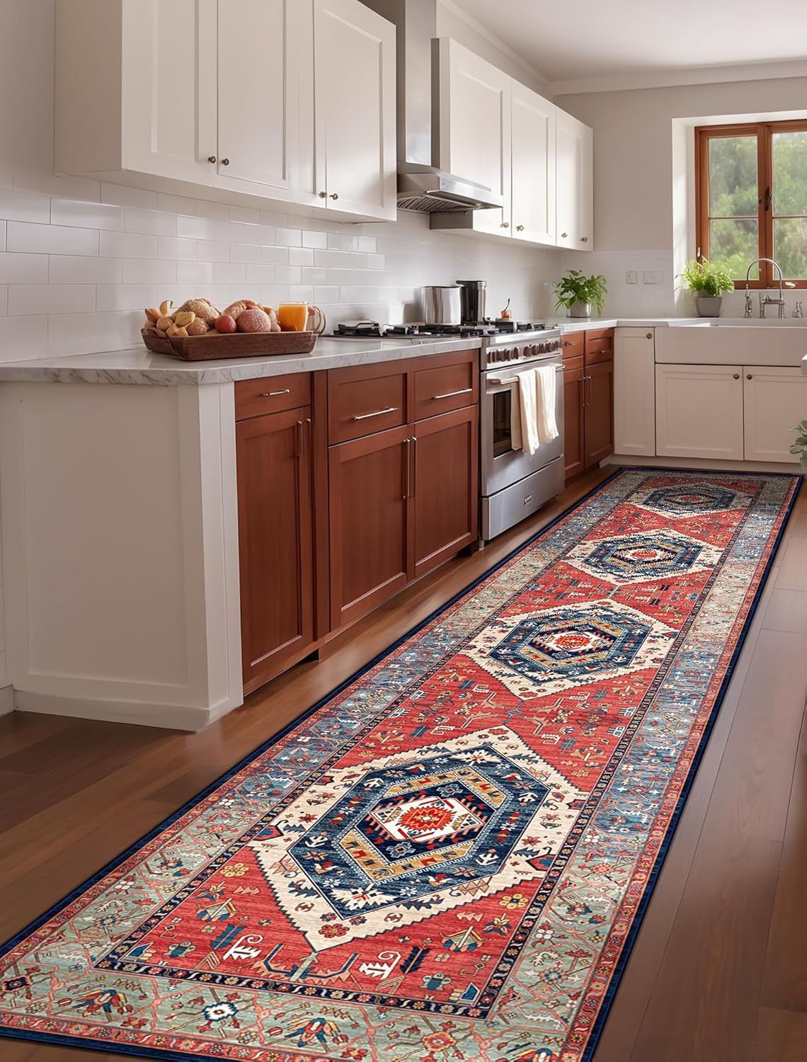 SERISSA Vintage Boho Washable Runner Rug, 3'x12' Extra Long Non-Slip Floor Carpet for Hallway, Kitchen, Entryway, Bathroom & Laundry Room – Ultra Soft Distressed Rust Print