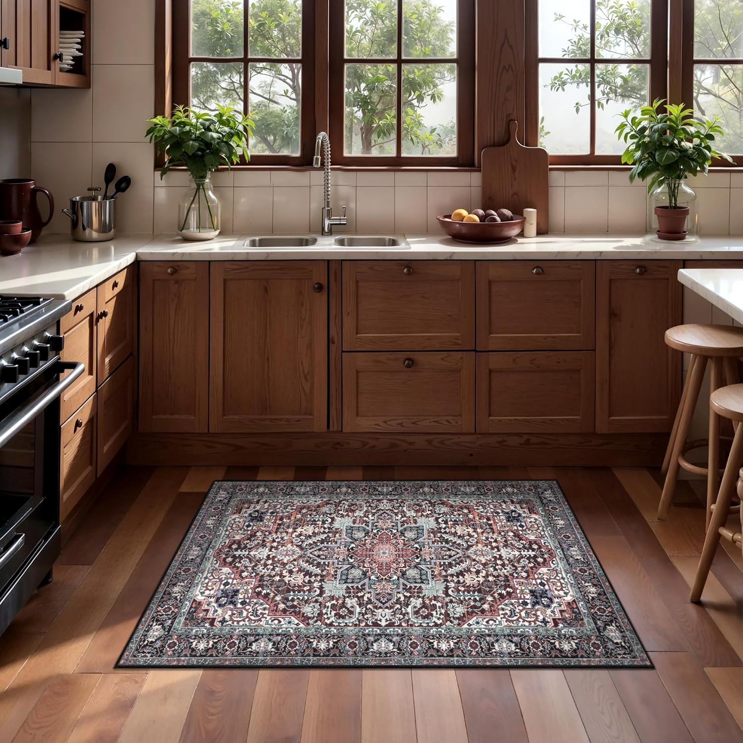 SERISSA Vintage Oriental Washable Throw Rug, 2'x3' Non-Slip Small Area Rug & Doormat for Entryway, Kitchen, Bedroom & Bathroom – Soft Low-Pile Red & Multi
