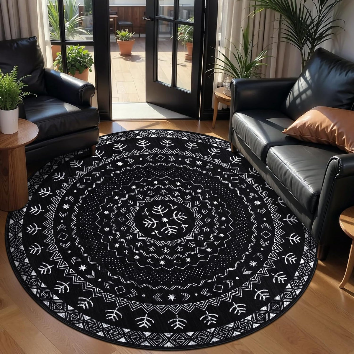 4ft Black and White Moroccan Washable Round Rug - Non-Slip Circle Carpet