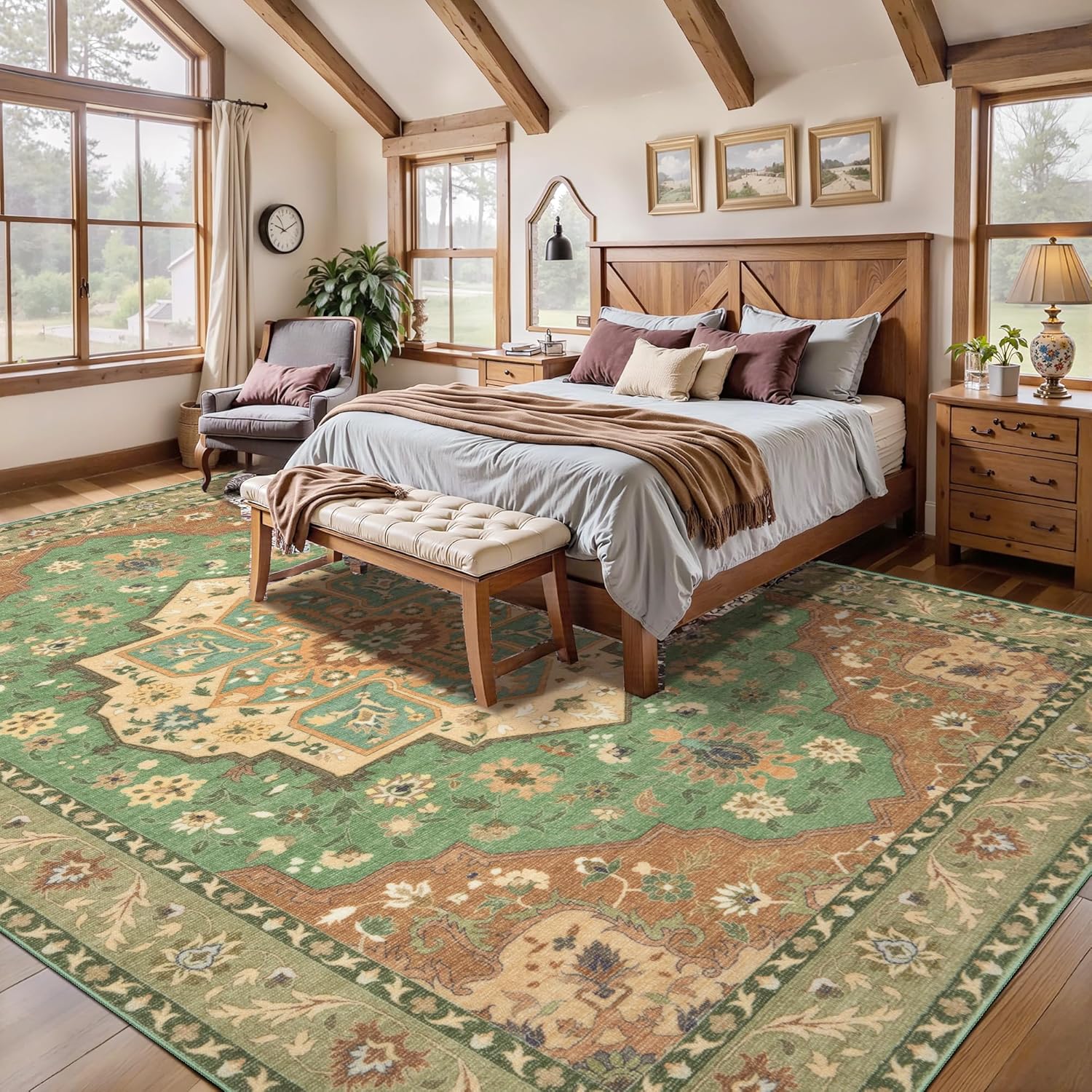 SERISSA Vintage Oriental Washable Area Rug, 8'x10' Large Non-Slip Floor Carpet for Living Room, Bedroom, Dining Room, Office & Playroom – Soft Low-Pile Terracotta & Green