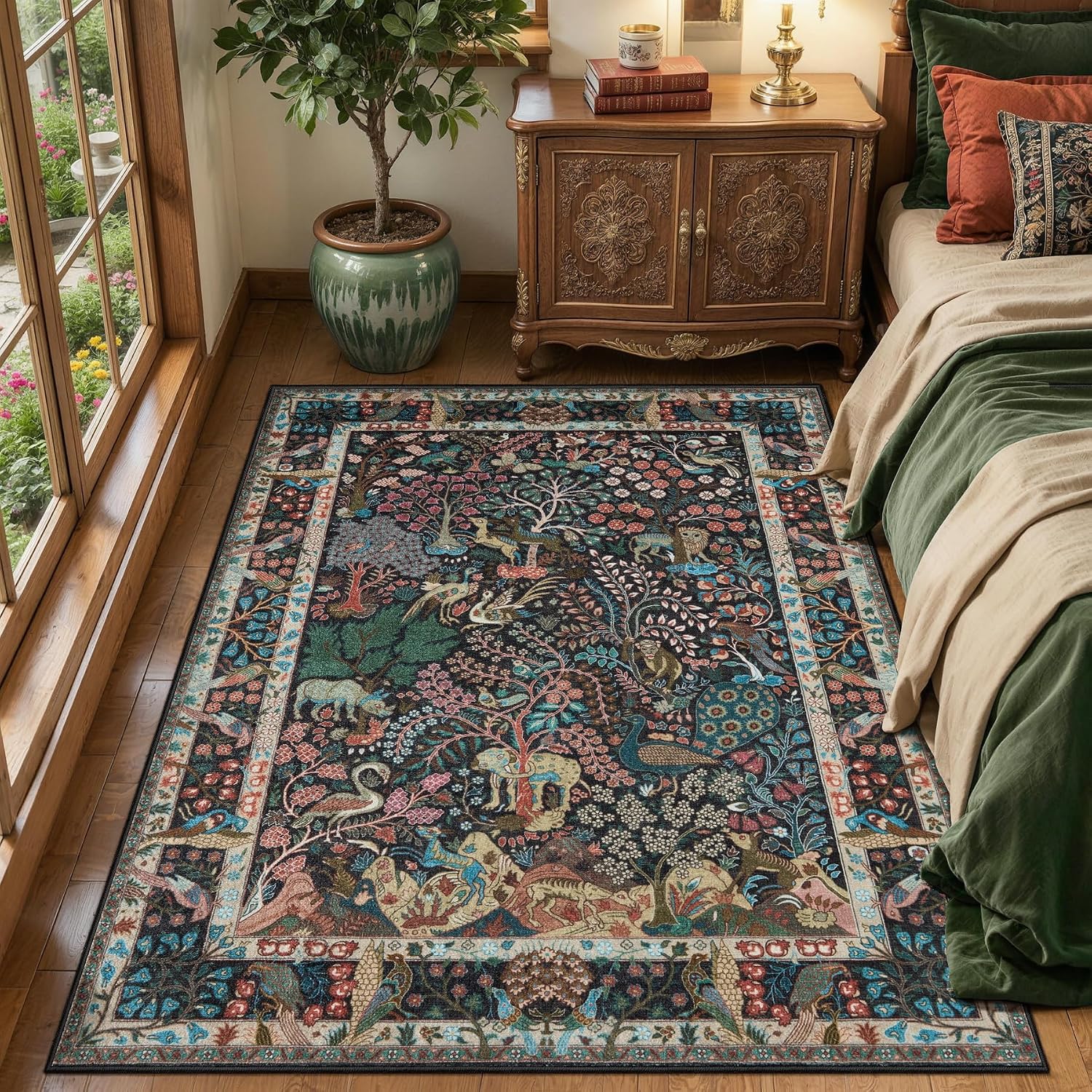 SERISSA Vintage Boho Animal & Jungle Print Washable Area Rug, Non-Slip Soft Low-Pile Floor Carpet for Living Room, Bedroom, Nursery, Hallway & Office – Artistic Indoor Decor