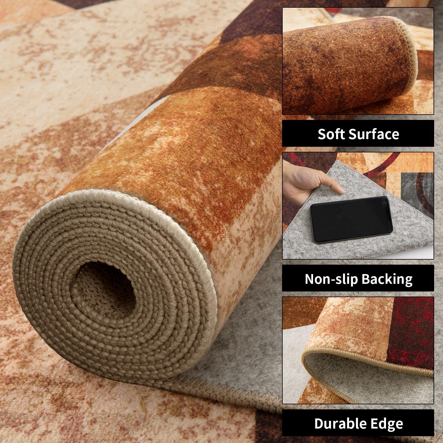 SERISSA Modern Abstract Washable Area Rug, 5'x7' Non-Slip Soft Low-Pile Floor Carpet for Living Room, Dining Room, Bedroom & Office – Geometric Brown & Red Decor