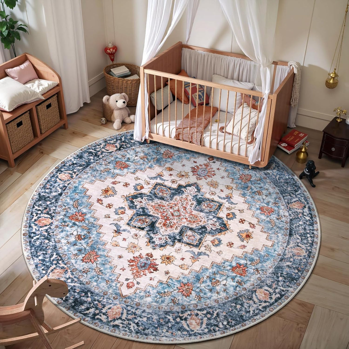 4ft Blue and Orange Boho Washable Round Area Rug - Non-Slip Circle Carpet