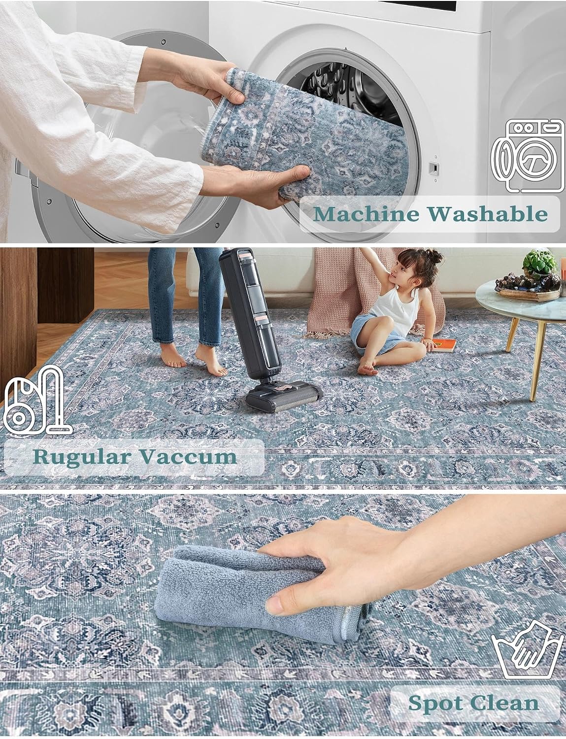 2x6 Blue Grey Floral Vintage Boho Washable Runner Rug - Non-Slip Hallway Carpet