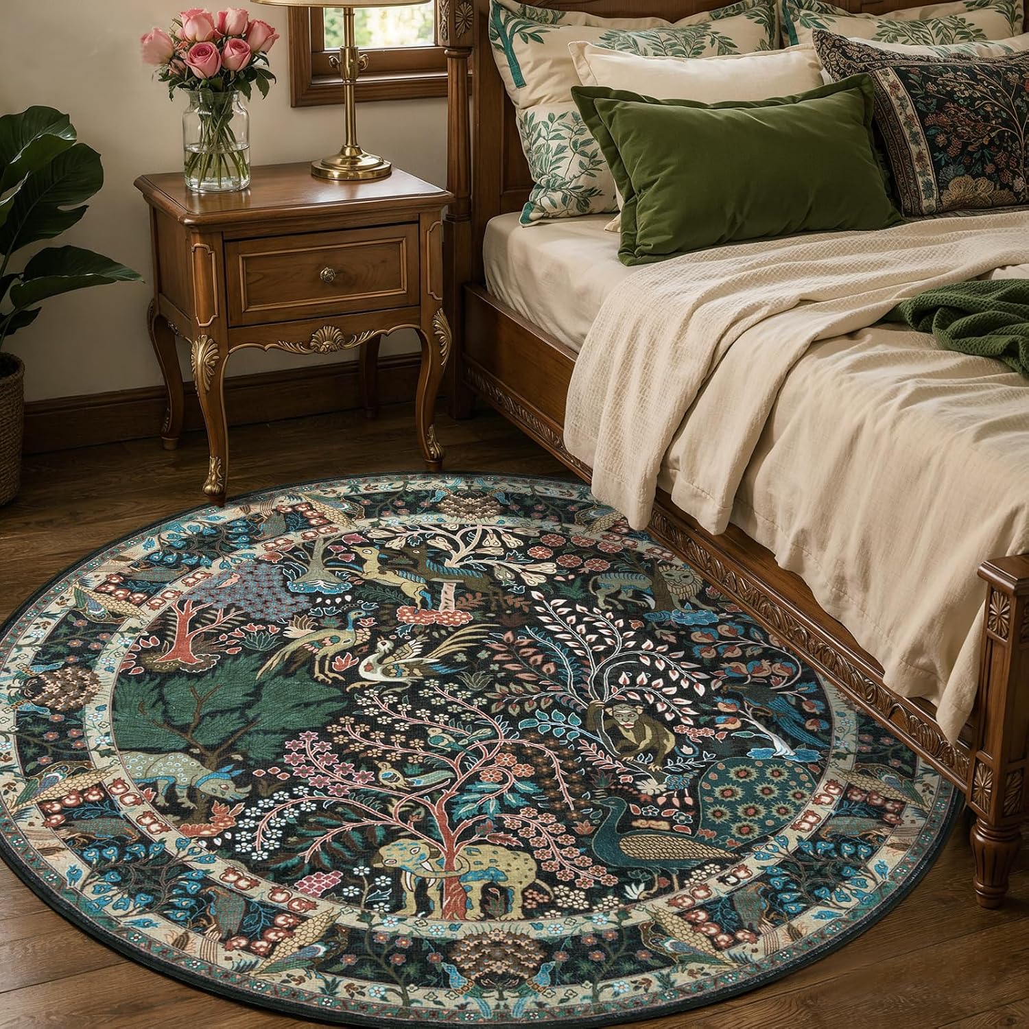 4ft Washable Animal Print Round Boho Rug - Non-Slip Small Circle Carpet
