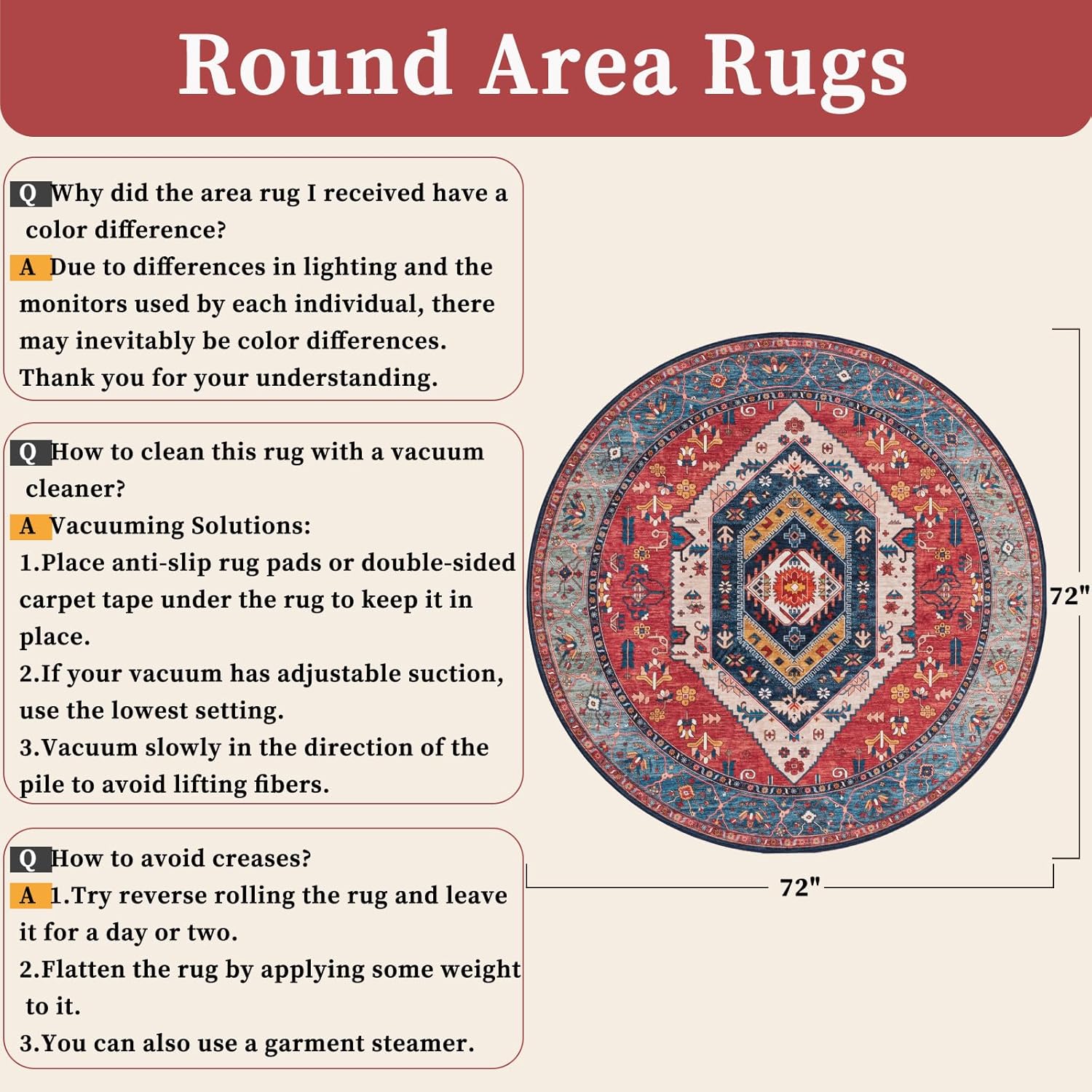 SERISSA Vintage Boho Washable Round Area Rug, 6' Circular Non-Slip Floor Carpet for Bedroom, Living Room, Entryway, Nursery & Office – Ultra Soft Low-Pile Oriental Rust Rug