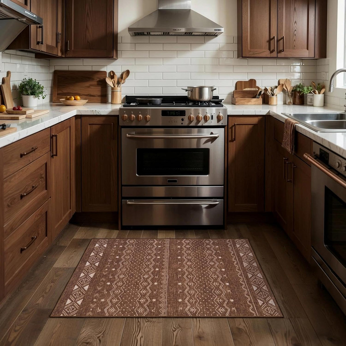 2x3 Coffee Brown Geometric Boho Washable Small Rug - Non-Slip Entryway Mat