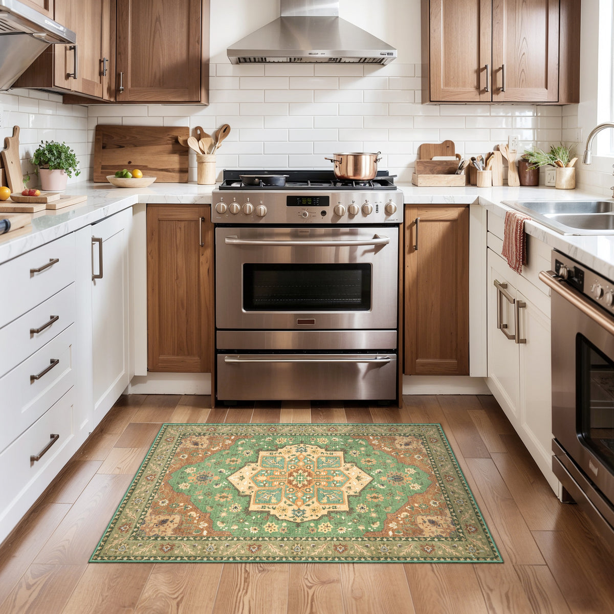 2'6"x8' Terracotta Green Vintage Washable Runner Rug - Non-Slip Hallway Carpet