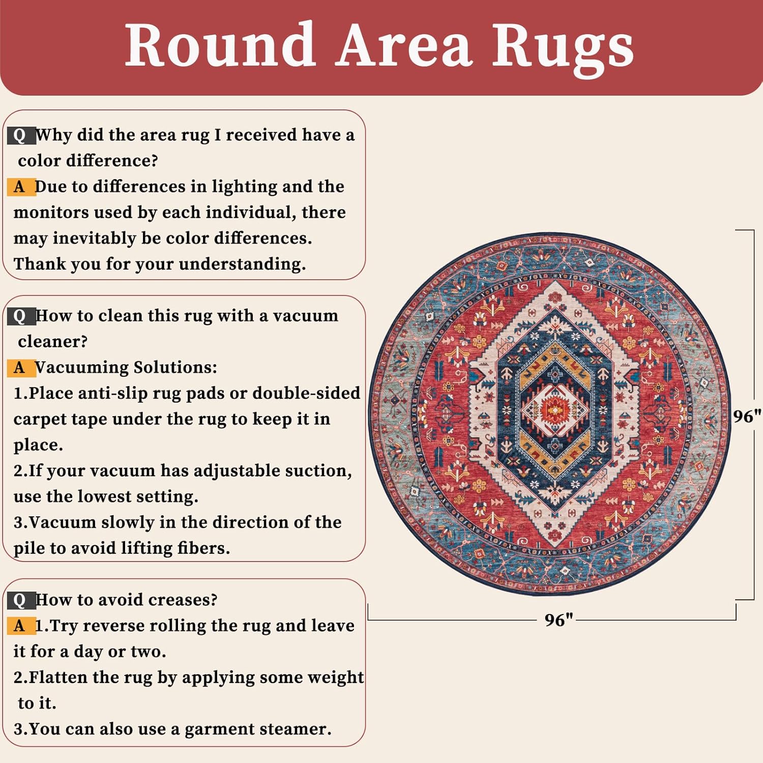 SERISSA Vintage Boho Washable Round Area Rug, 8' Circular Non-Slip Floor Carpet for Bedroom, Living Room, Entryway, Nursery & Office – Ultra Soft Low-Pile Oriental Rust Rug