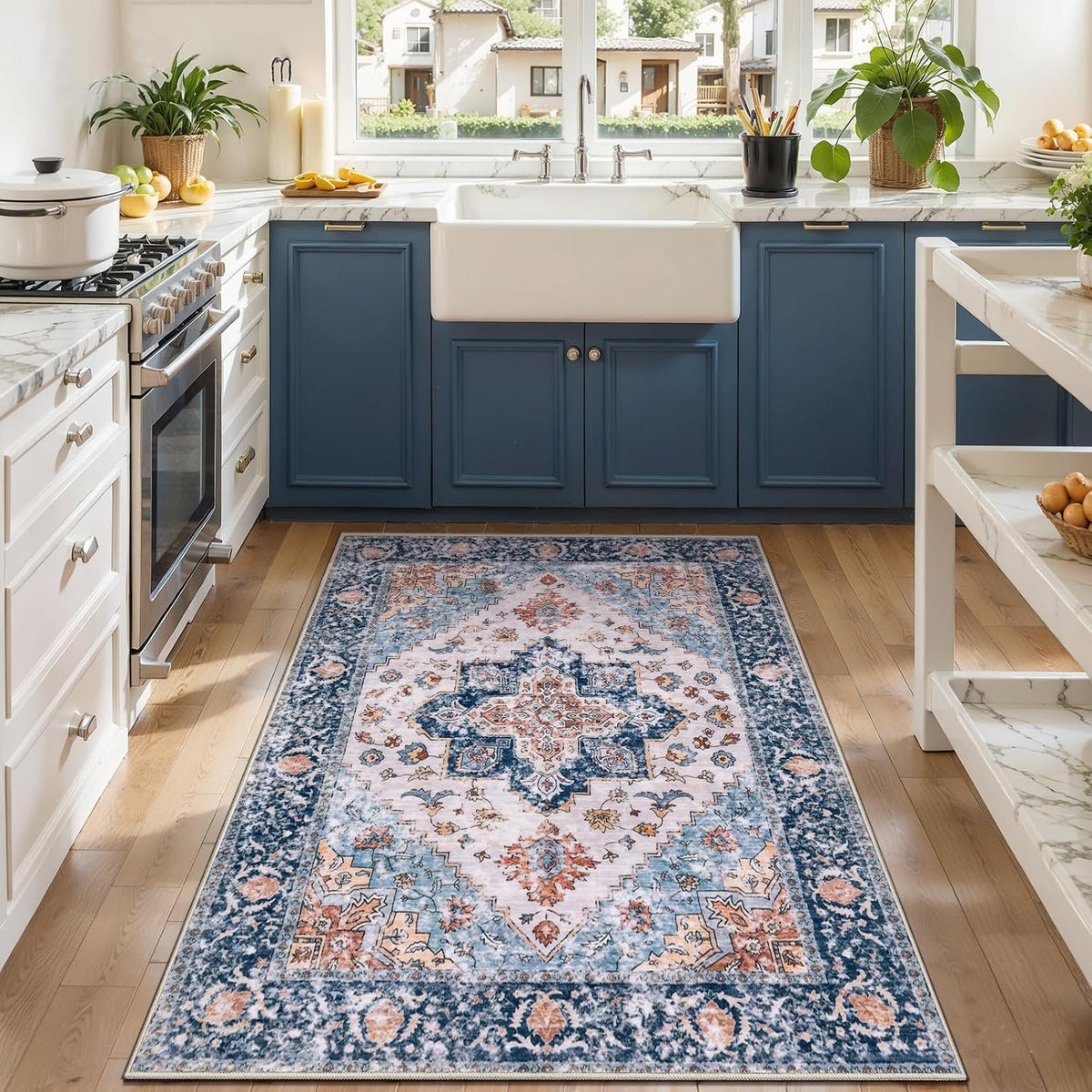 3x4 Blue and Orange Boho Washable Area Rug - Non-Slip Accent Carpet