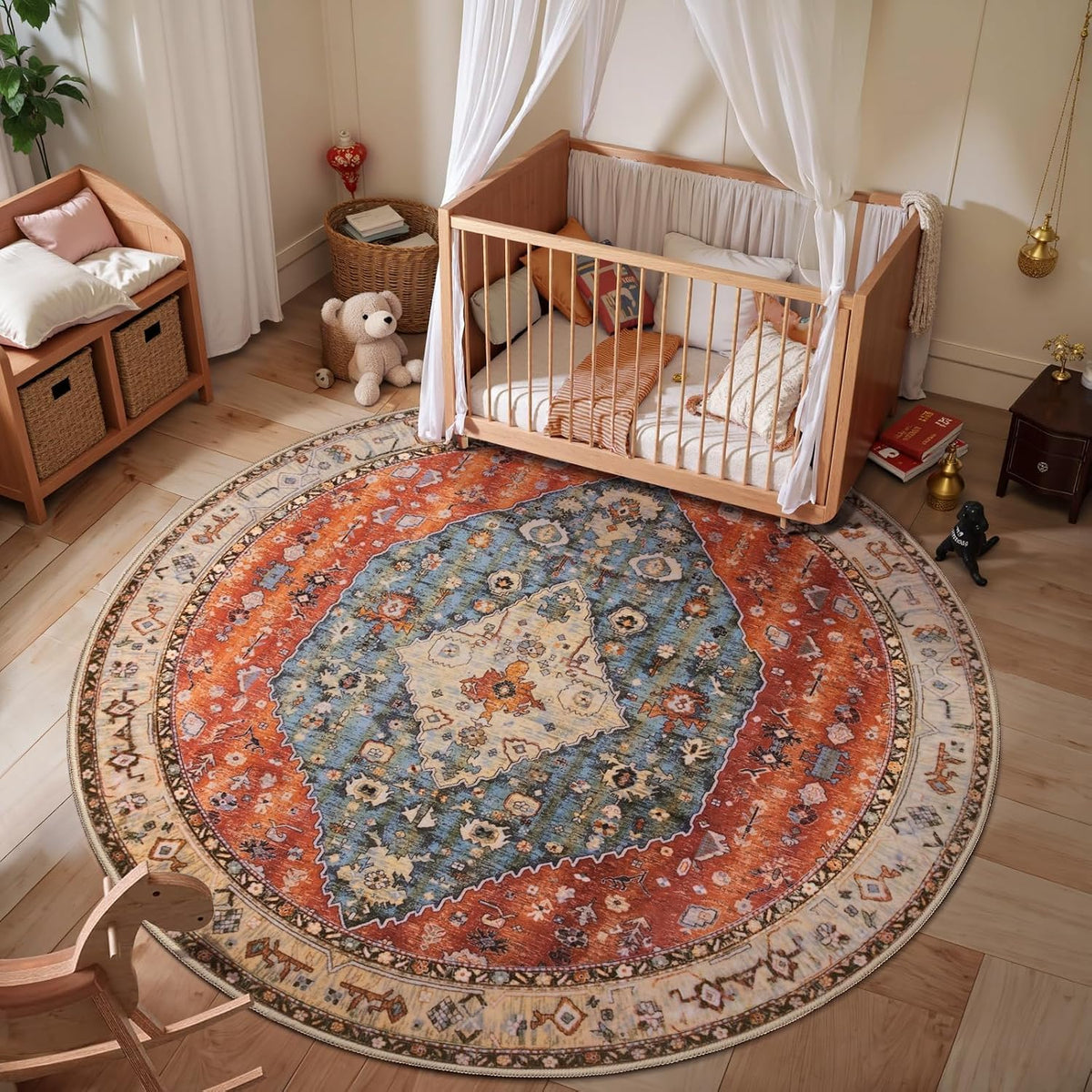 4ft Boho Washable Round Area Rug - Non-Slip Circle Carpet for Bedroom
