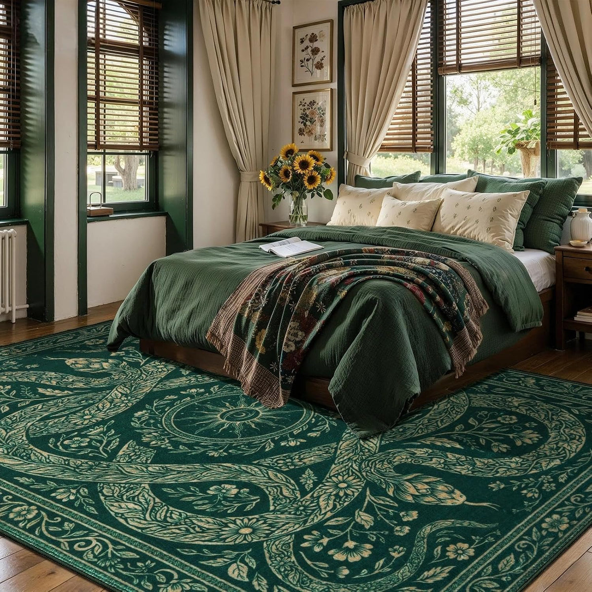 6x9 Green Gothic Floral Snake Washable Area Rug - Non-Slip Large Carpet