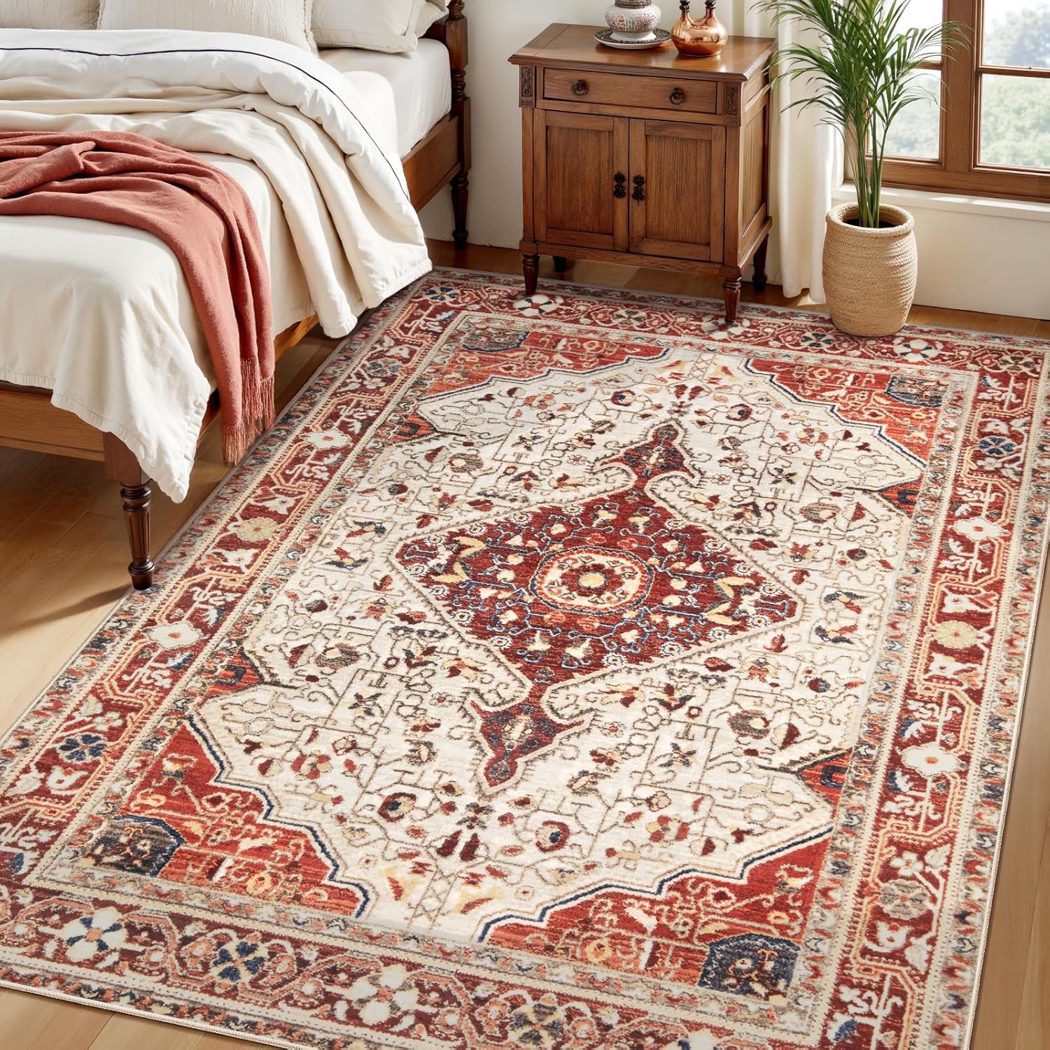 SERISSA Vintage Oriental Washable Area Rug, 4'x6' Non-Slip Low-Pile Indoor Carpet for Living Room, Bedroom, Dining Room, Kitchen & Nursery – Soft Beige & Orange Boho Decor