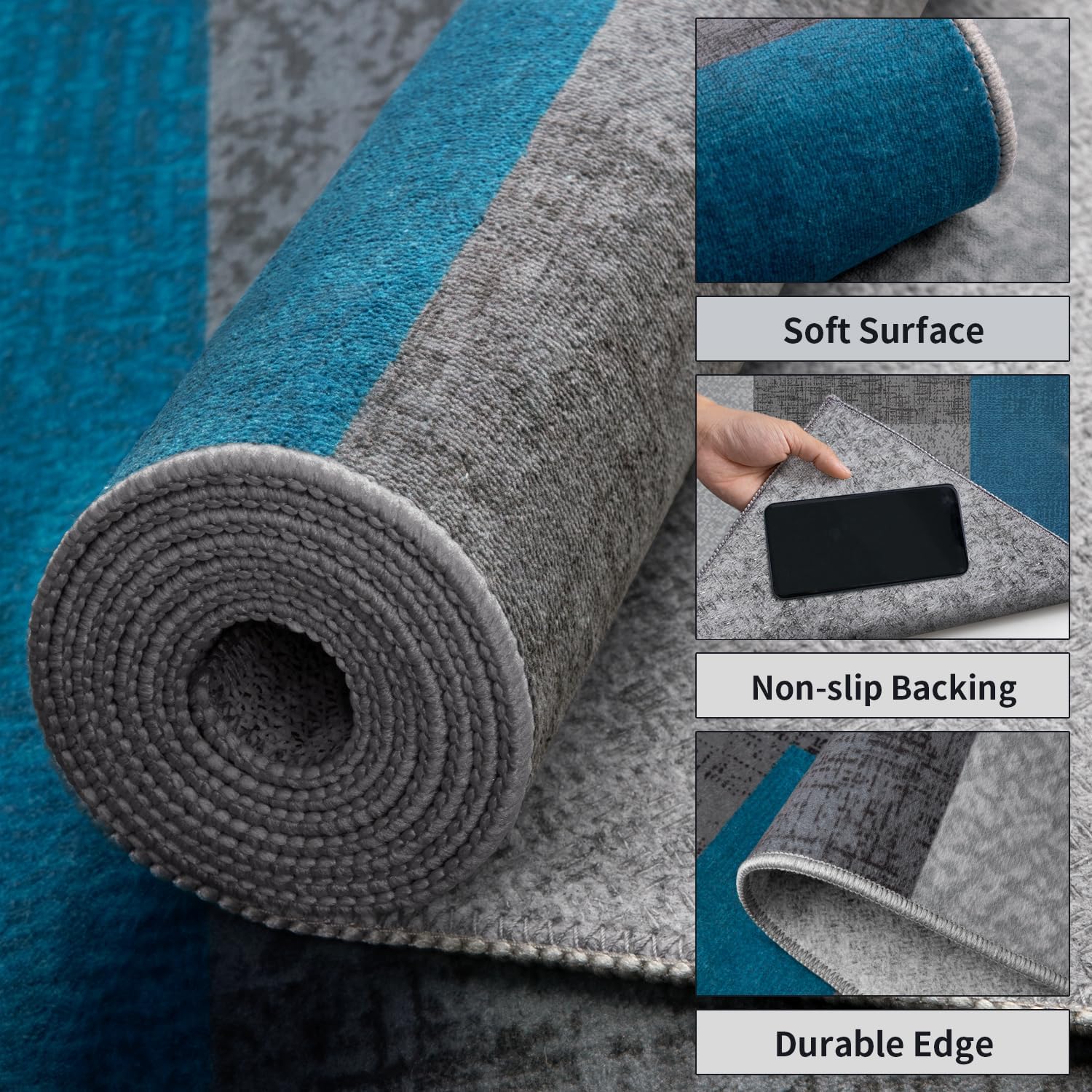 SERISSA Modern Abstract Washable Area Rug, 5'x7' Non-Slip Soft Low-Pile Floor Carpet for Living Room, Dining Room, Bedroom & Office – Geometric Blue & Grey Decor