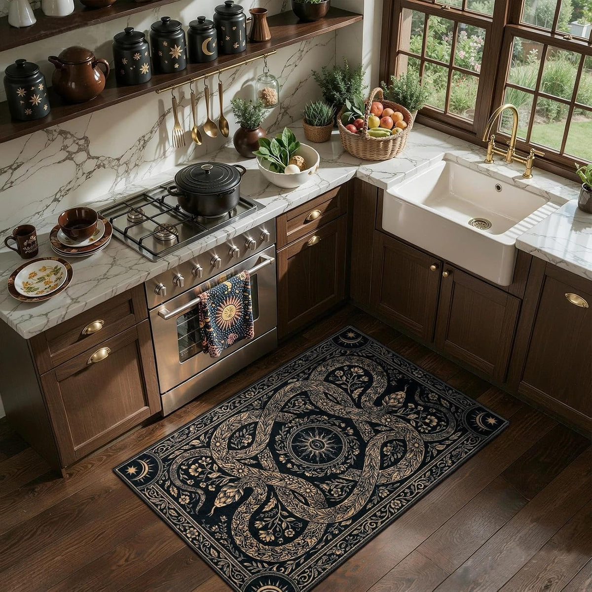 2x3 Black Gothic Snake Floral Washable Small Rug - Non-Slip Entryway Mat