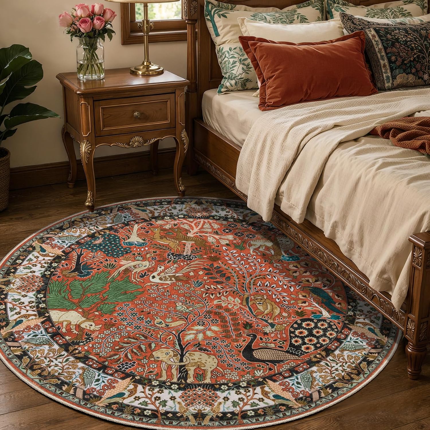 4ft Small Round Boho Area Rug - Soft Washable Animal Print Carpet