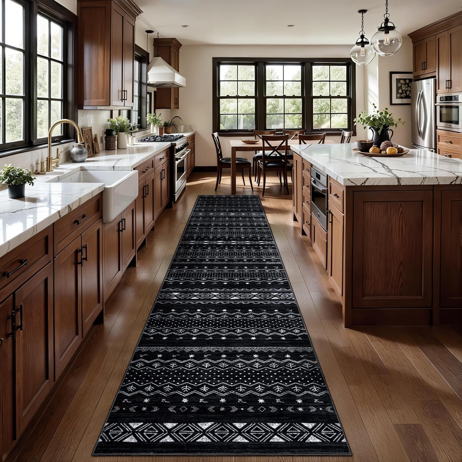 SERISSA Boho Geometric Washable Runner Rug, 2'x10' Non-Slip Long Hallway Carpet for Kitchen, Entryway, Laundry, Bedroom & Bathroom – Soft Low-Pile Black & White Runner