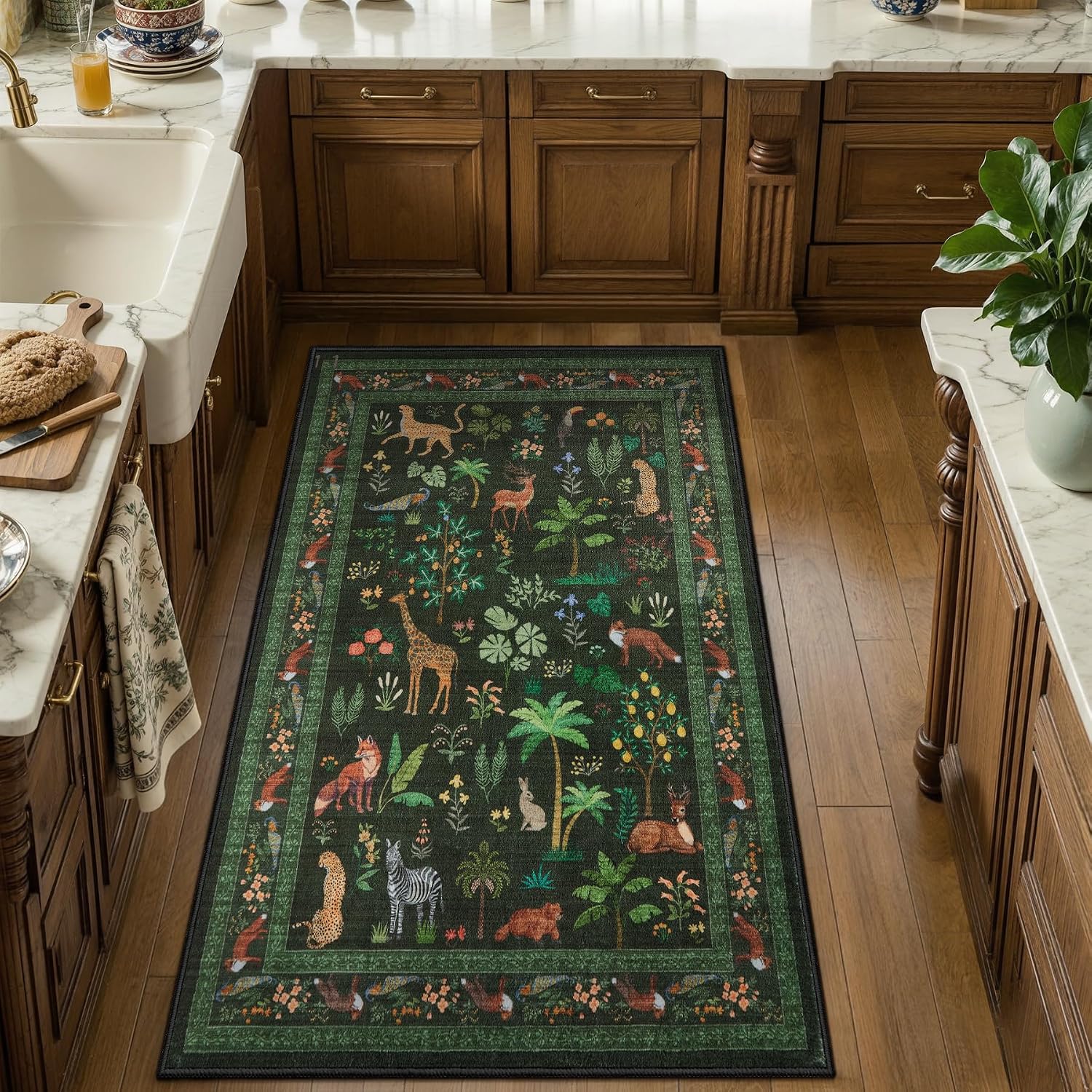 SERISSA Jungle Animal Print Washable Runner Rug, Non-Slip Soft Low-Pile Accent Carpet for Entryway, Hallway, Kitchen, Laundry & Kids Bedroom – Boho Nature Decor