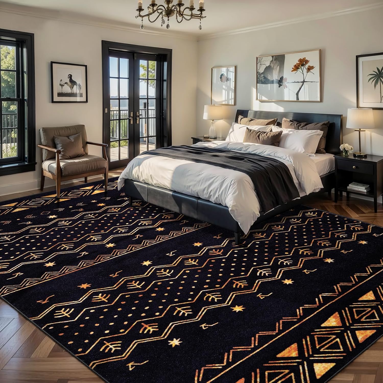9x12 Washable Living Room Area Rug - Black and Gold Moroccan Carpet