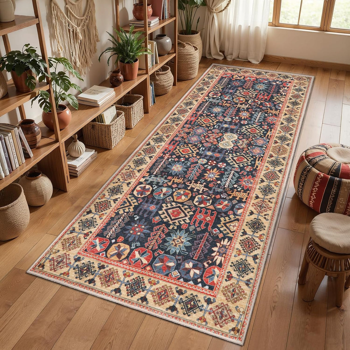 2x6 Blue and Beige Boho Vintage Washable Runner Rug - Non-Slip Hallway Carpet