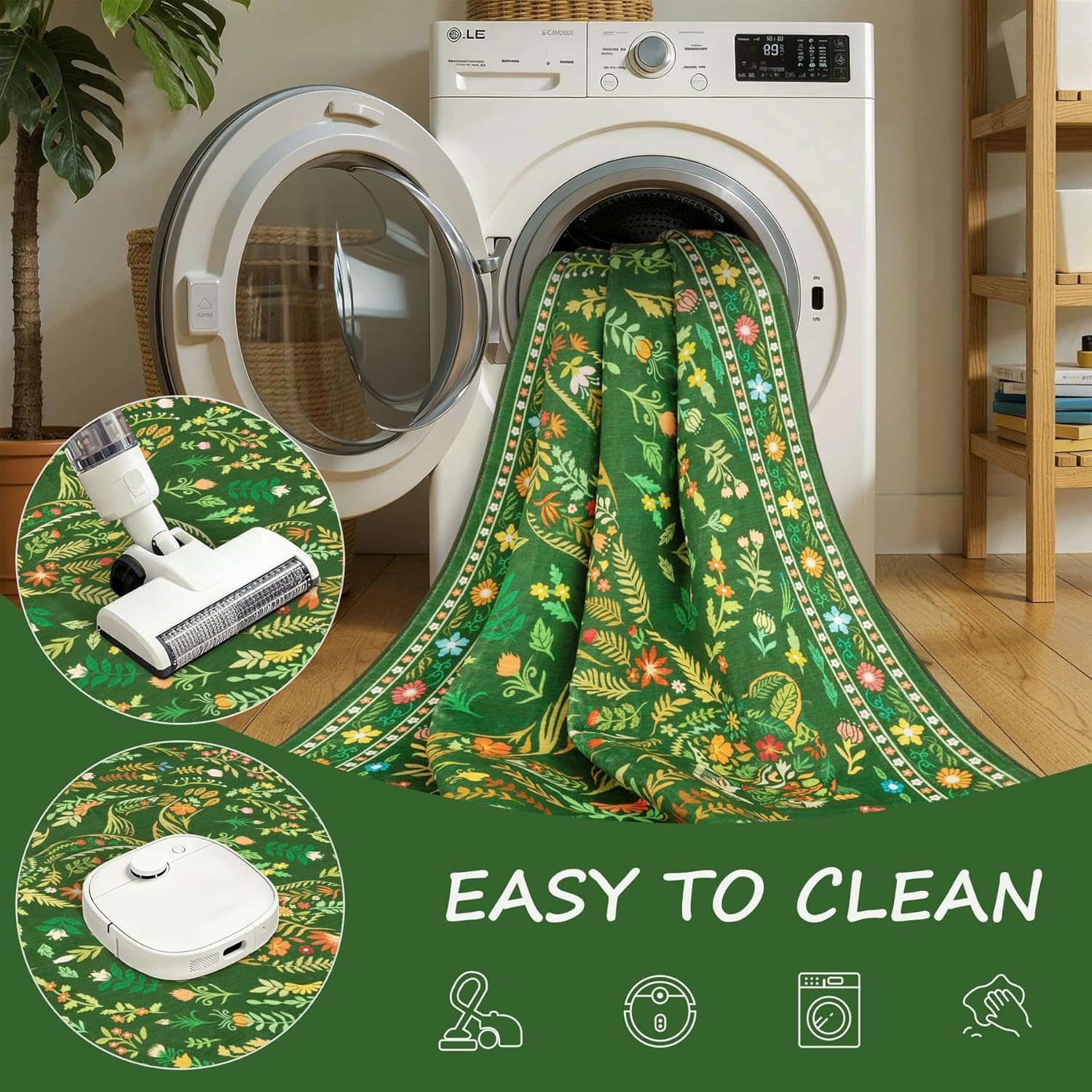 SERISSA Boho Floral & Cheetah Washable Accent Rug, Non-Slip Soft Low-Pile Floor Mat for Entryway, Kitchen, Bedroom, Laundry Room & Entrance – Vibrant Green Decor