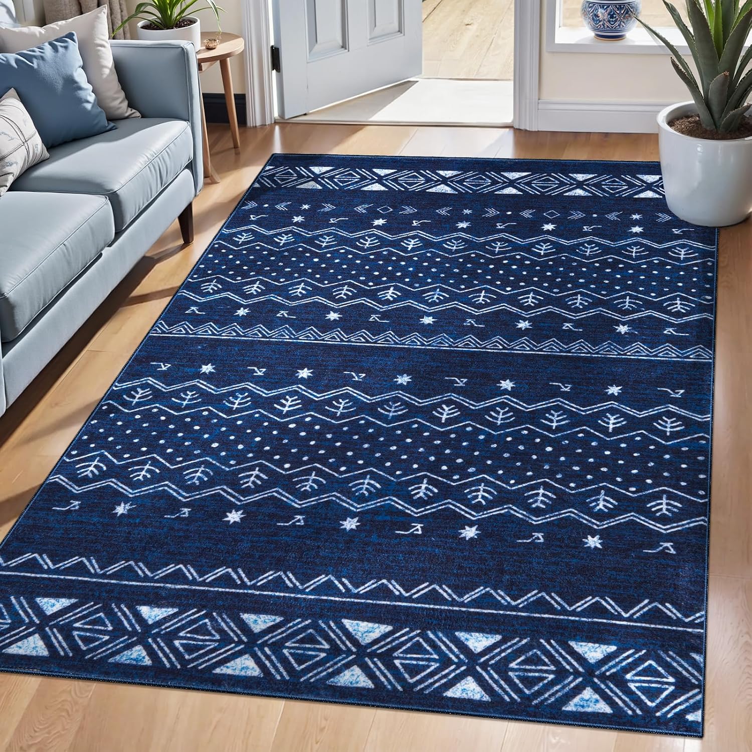 3x5 Blue and White Moroccan Washable Small Rug - Non-Slip Accent Carpet