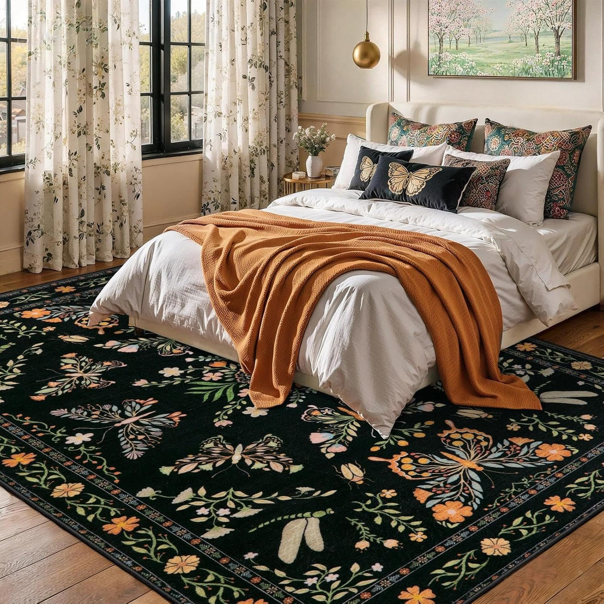 6x9 Black Floral Butterfly Boho Washable Area Rug - Non-Slip Large Carpet