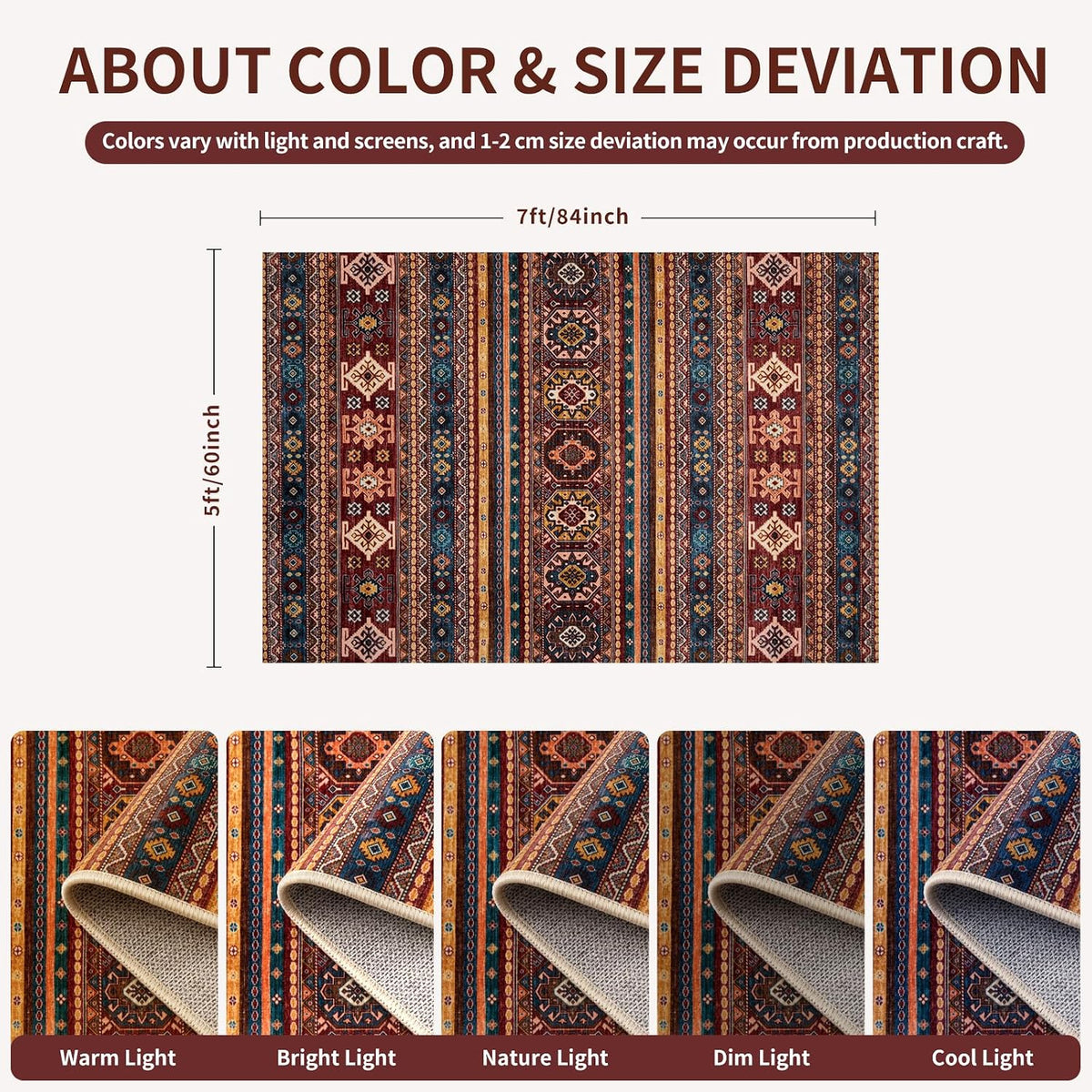 5x7 Red Multi Vintage Boho Washable Area Rug - Non-Slip Large Carpet