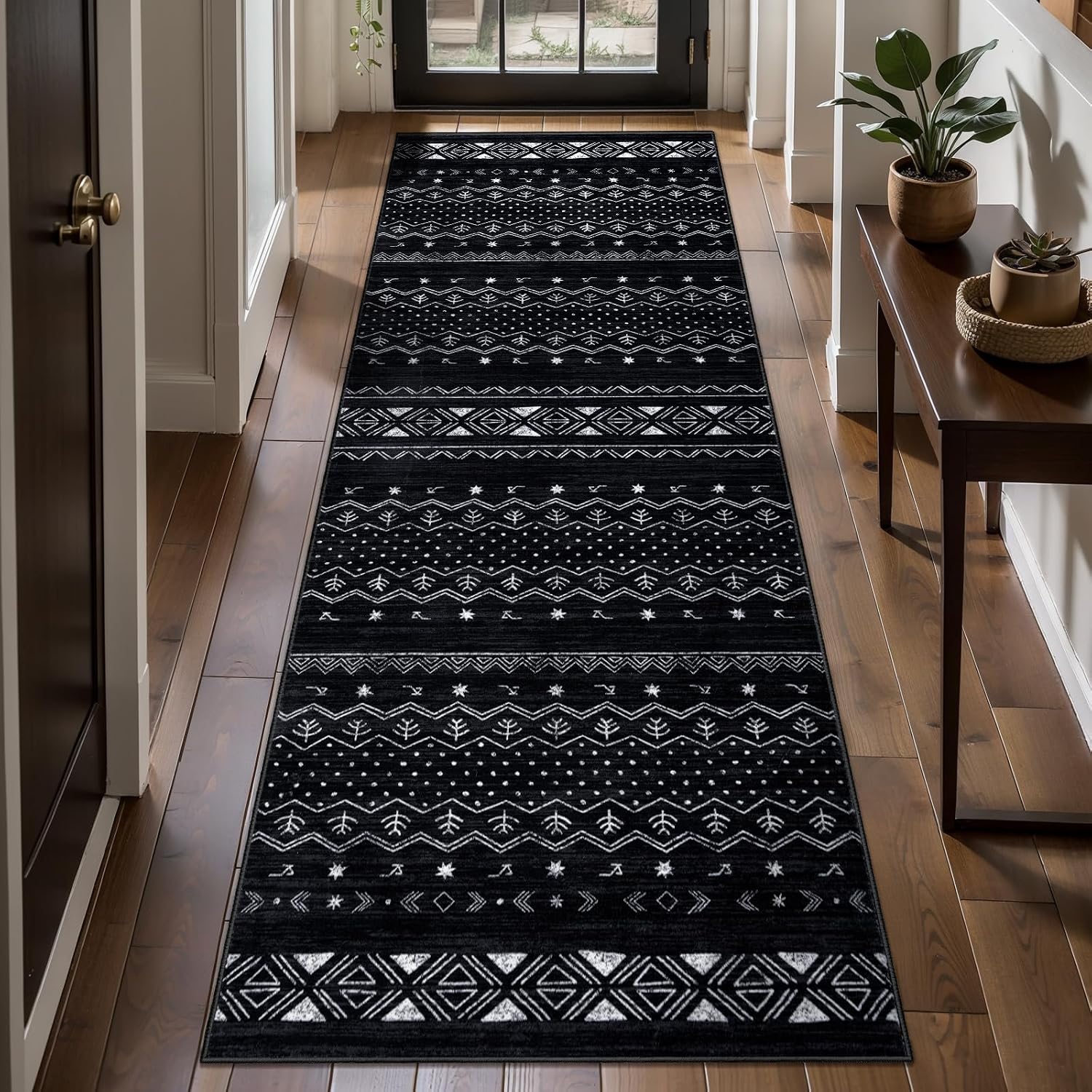 2x6 Black and White Moroccan Washable Runner Rug - Non-Slip Hallway Carpet