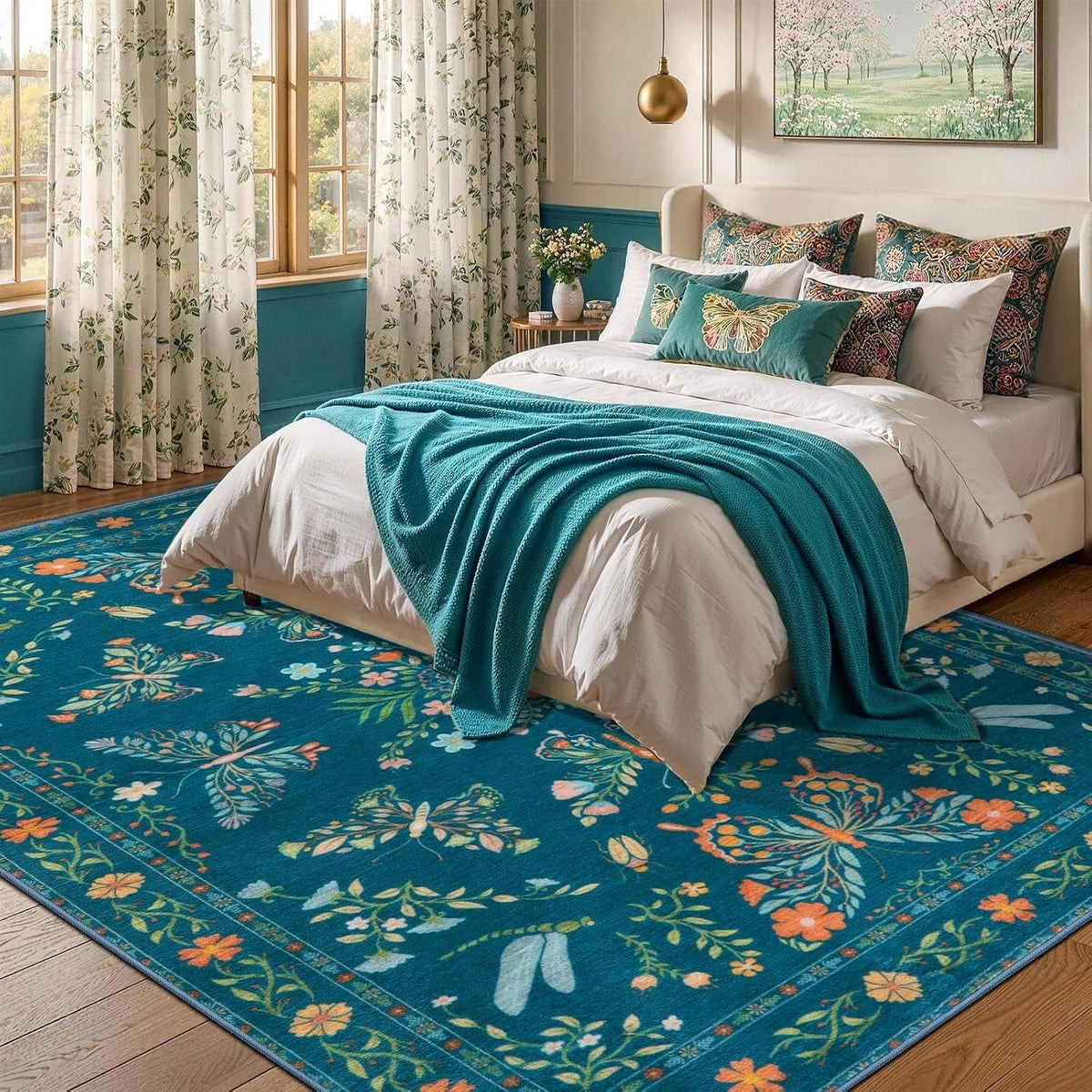 6x9 Green Floral Butterfly Boho Washable Area Rug - Non-Slip Large Carpet