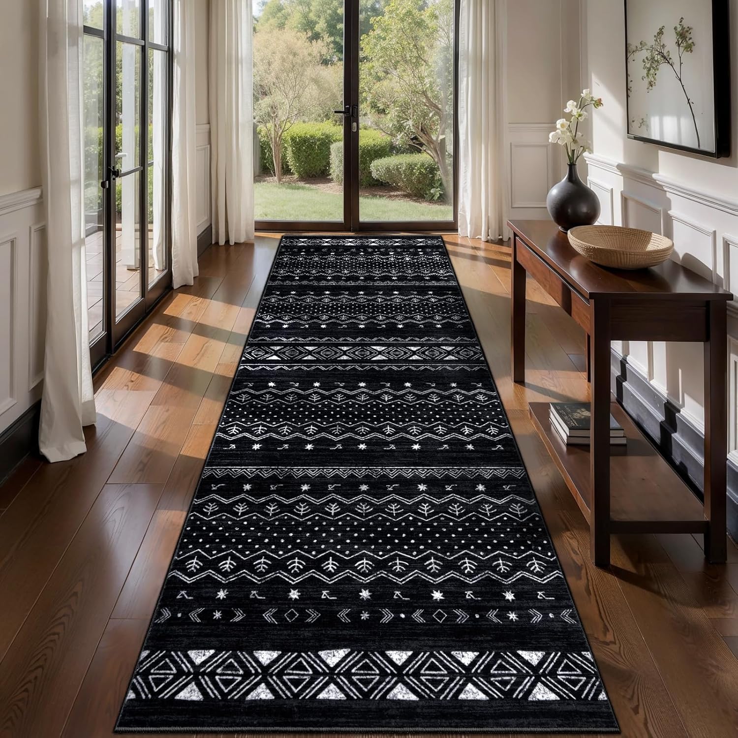 SERISSA Boho Geometric Washable Runner Rug, 2'x10' Non-Slip Long Hallway Carpet for Kitchen, Entryway, Laundry, Bedroom & Bathroom – Soft Low-Pile Black & White Runner