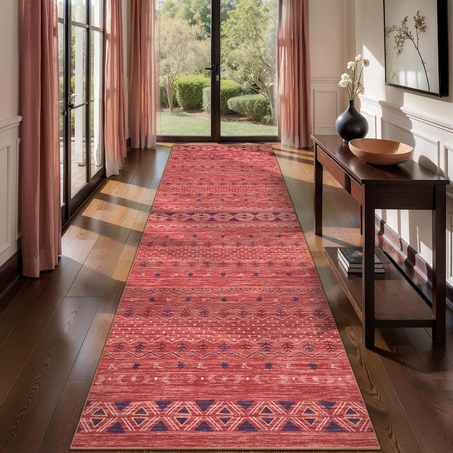 2x10 Red Ochre Washable Hallway Runner Rug - Moroccan Boho Long Carpet