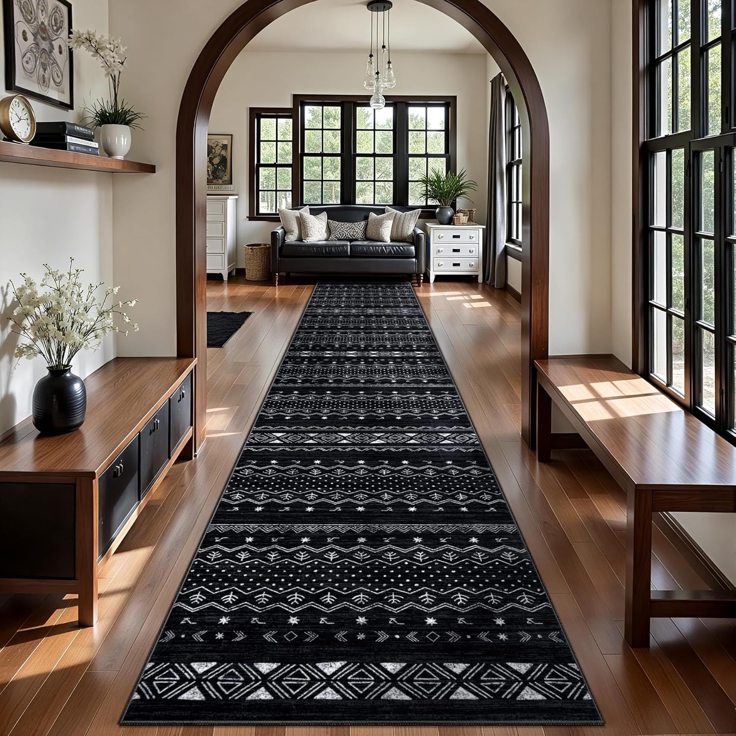 SERISSA Boho Geometric Washable Runner Rug, 2'x10' Non-Slip Long Hallway Carpet for Kitchen, Entryway, Laundry, Bedroom & Bathroom – Soft Low-Pile Black & White Runner