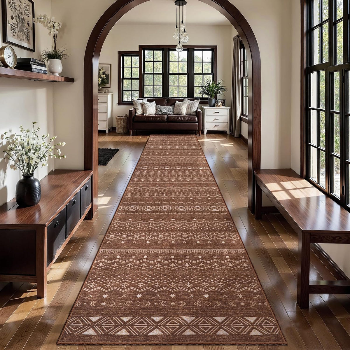 2x3 Coffee Brown Geometric Boho Washable Small Rug - Non-Slip Entryway Mat