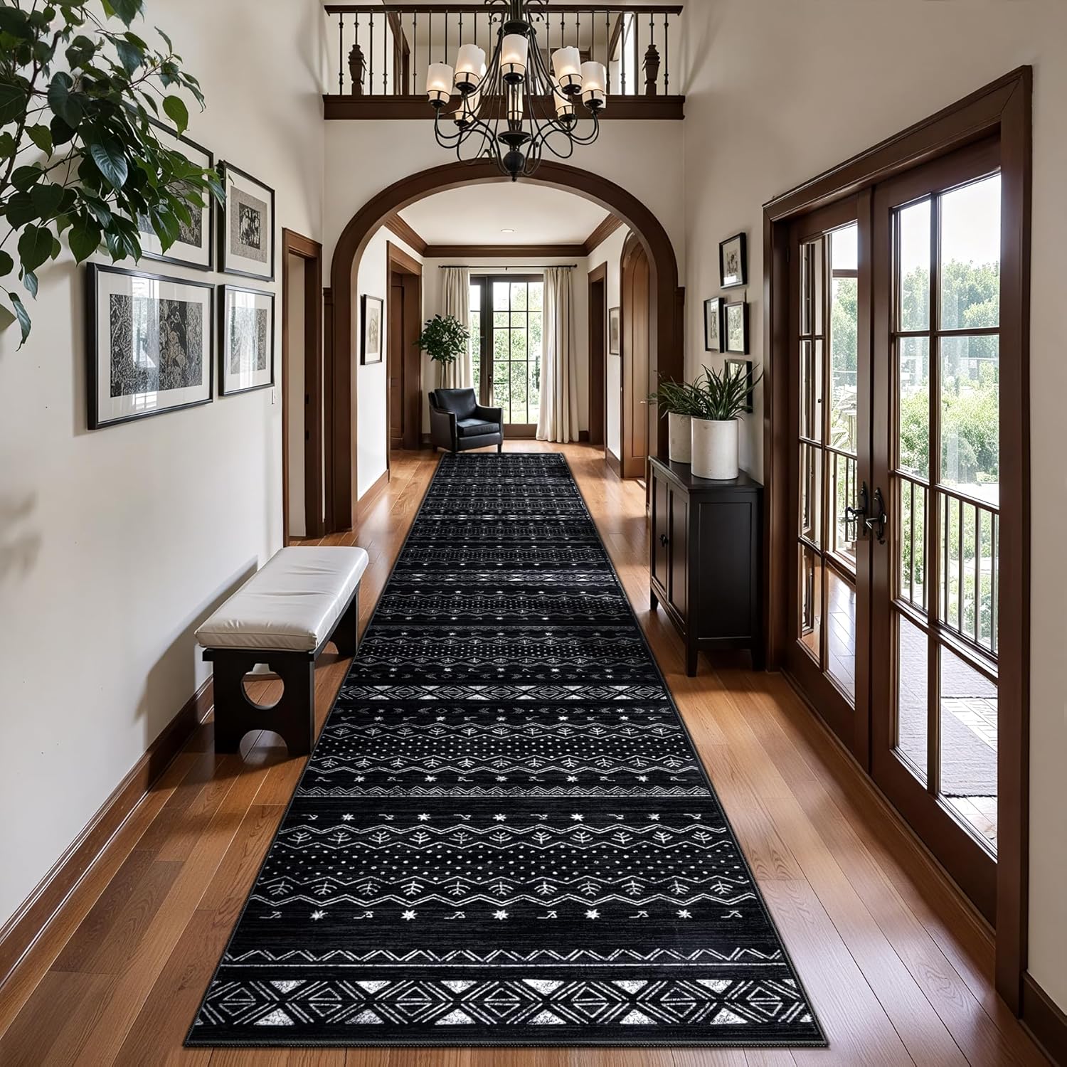 SERISSA Boho Geometric Washable Runner Rug, 2'x10' Non-Slip Long Hallway Carpet for Kitchen, Entryway, Laundry, Bedroom & Bathroom – Soft Low-Pile Black & White Runner