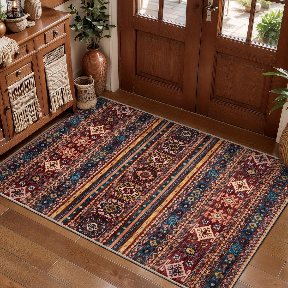 5x7 Red Multi Vintage Boho Washable Area Rug - Non-Slip Large Carpet