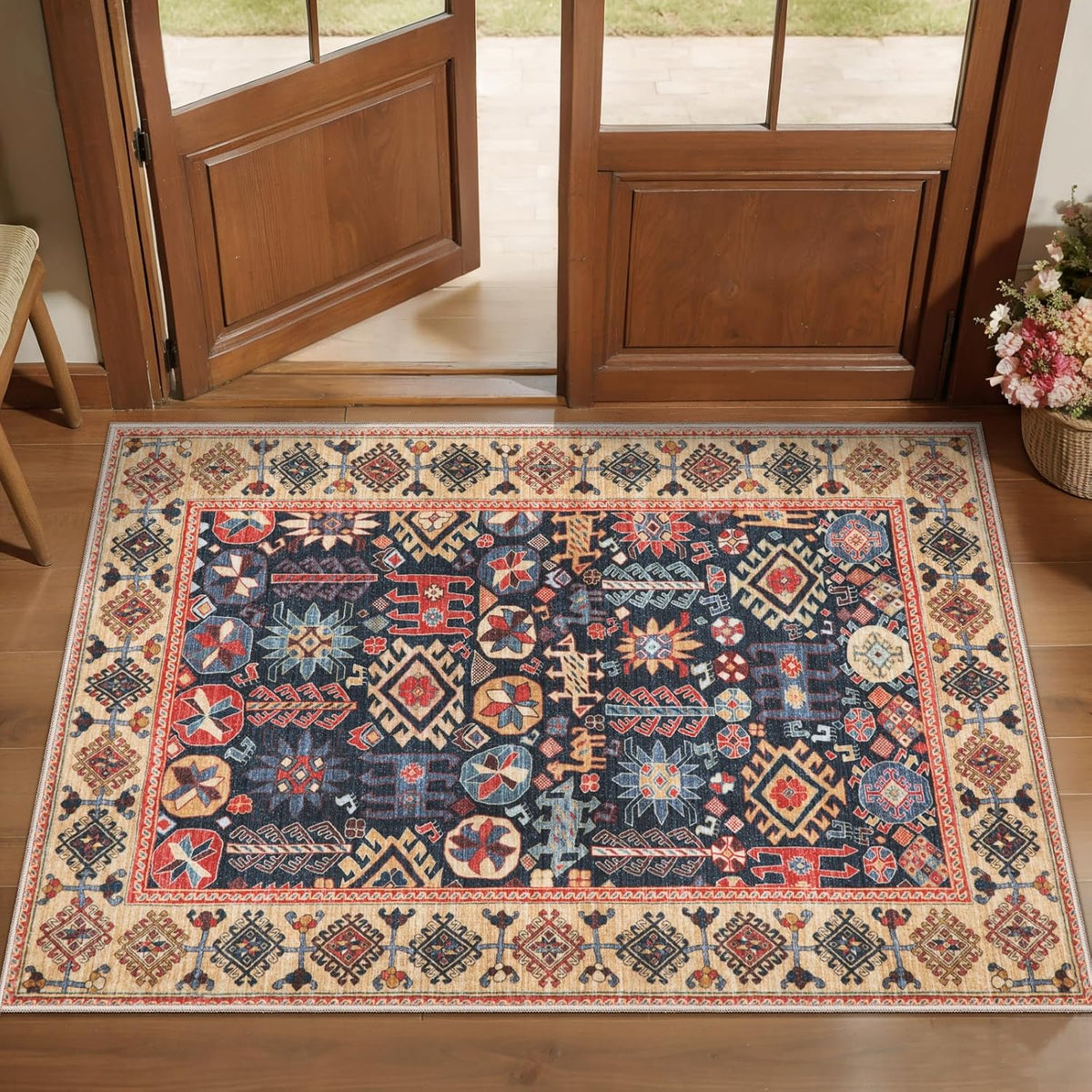 2x6 Blue and Beige Boho Vintage Washable Runner Rug - Non-Slip Hallway Carpet