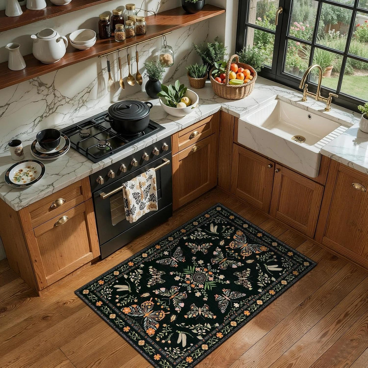 2x6 Black Floral Butterfly Boho Washable Runner Rug - Non-Slip Hallway Carpet