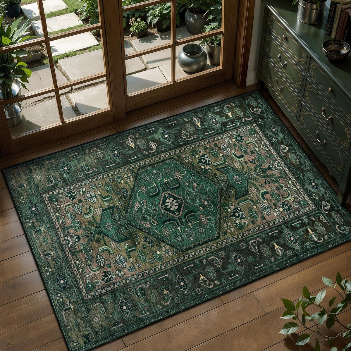 2x5 Dark Green Vintage Boho Washable Runner Rug - Non-Slip Hallway Carpet