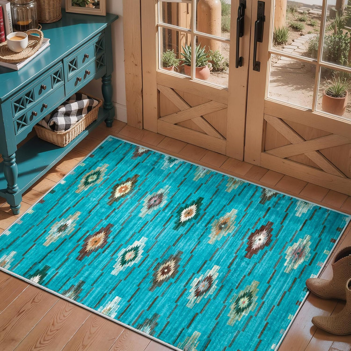2x6 Teal Washable Kitchen Runner Rug - Southwestern Boho Long Carpet