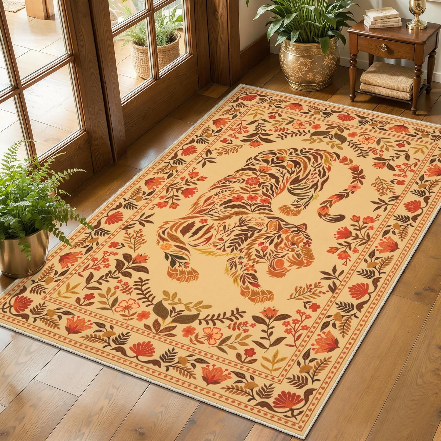 SERISSA Boho Tiger & Botanical Floral Washable Area Rug, Non-Slip Soft Low-Pile Vintage Carpet for Living Room, Dining Room, Bedroom & Kids Playroom – Artistic Camel Decor