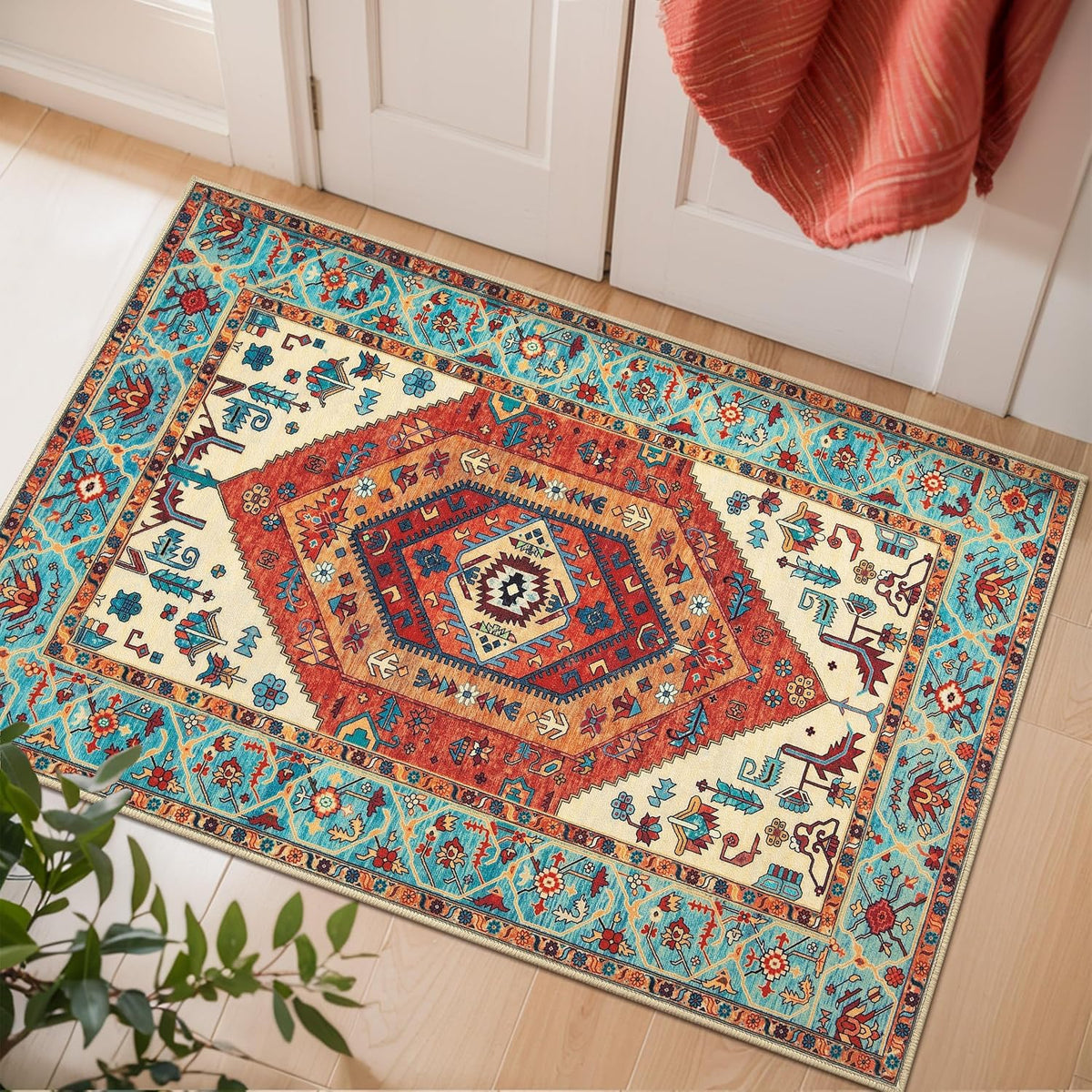 3x12 Orange Vintage Boho Washable Runner Rug - Non-Slip Hallway Carpet