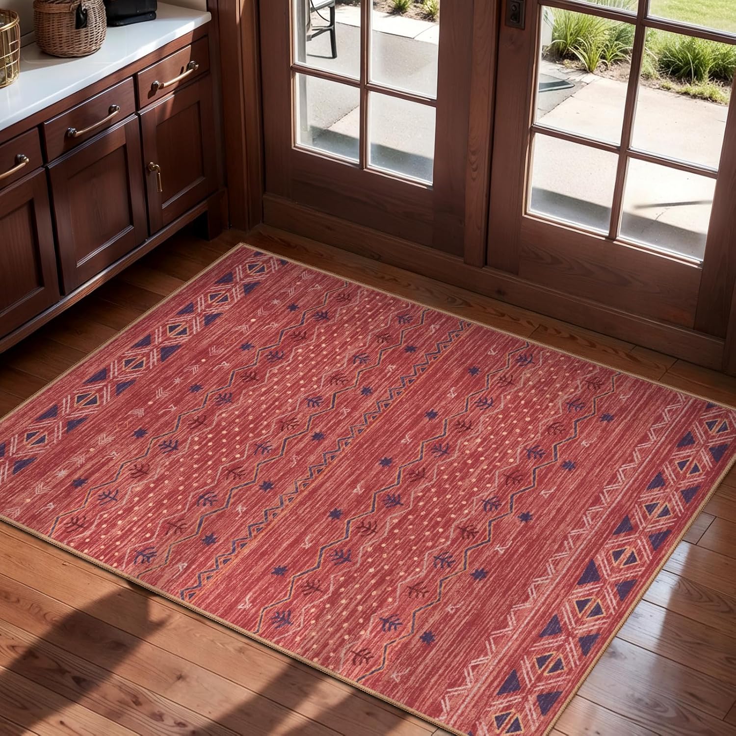 2x10 Red Ochre Washable Hallway Runner Rug - Moroccan Boho Long Carpet