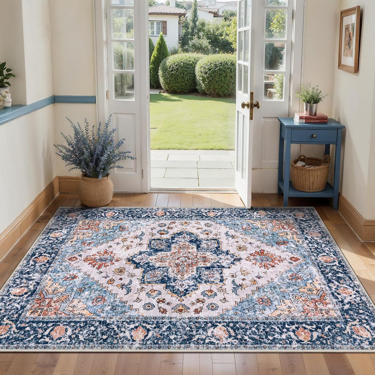 3x4 Blue and Orange Boho Washable Area Rug - Non-Slip Accent Carpet