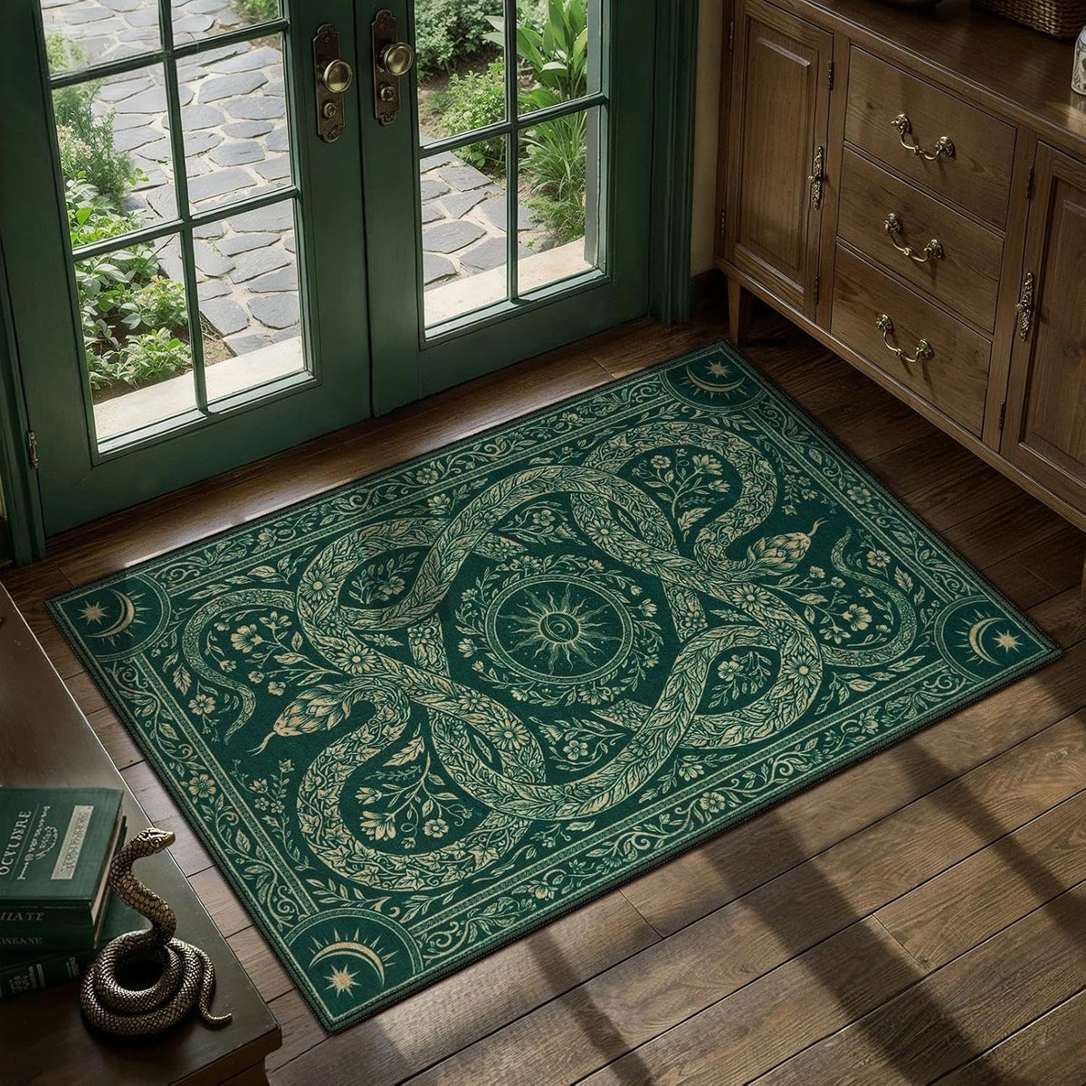 6x9 Green Gothic Floral Snake Washable Area Rug - Non-Slip Large Carpet
