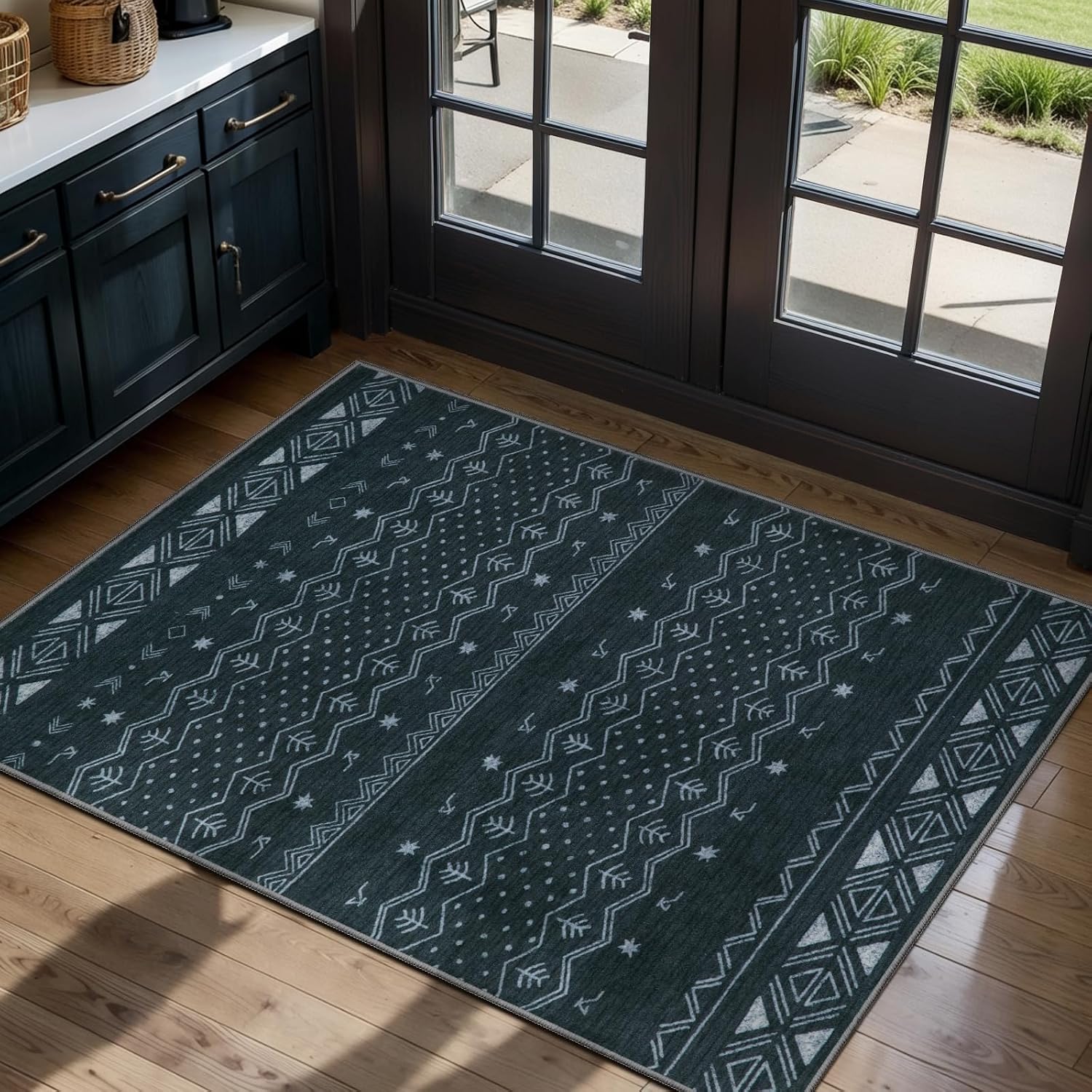 2x3 Grey Washable Entryway Rug - Moroccan Boho Small Carpet