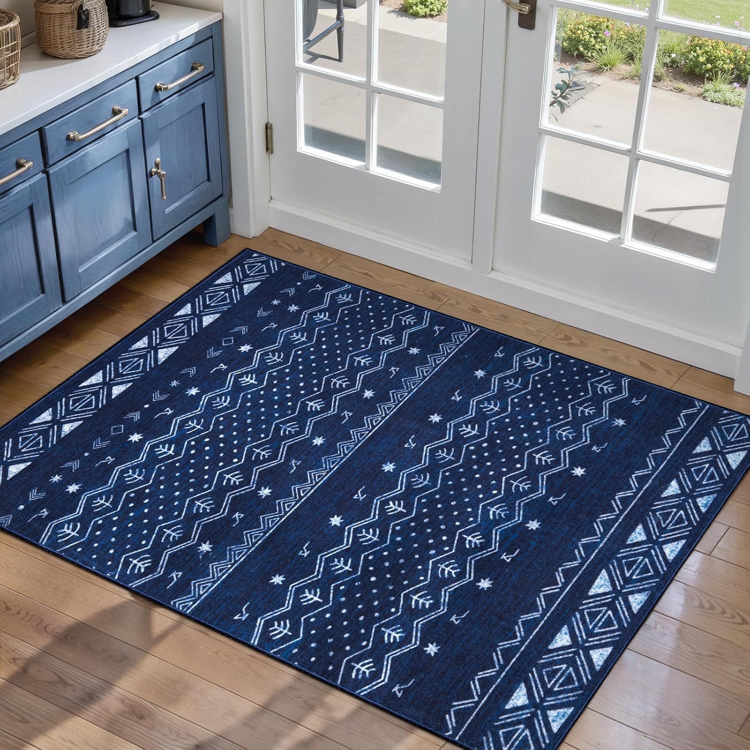 3x5 Blue and White Moroccan Washable Small Rug - Non-Slip Accent Carpet
